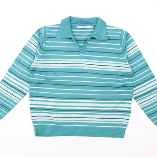 EWM Womens Blue Collared Striped Acrylic Pullover Jumper Size 14