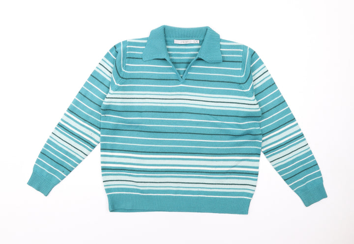 EWM Womens Blue Collared Striped Acrylic Pullover Jumper Size 14