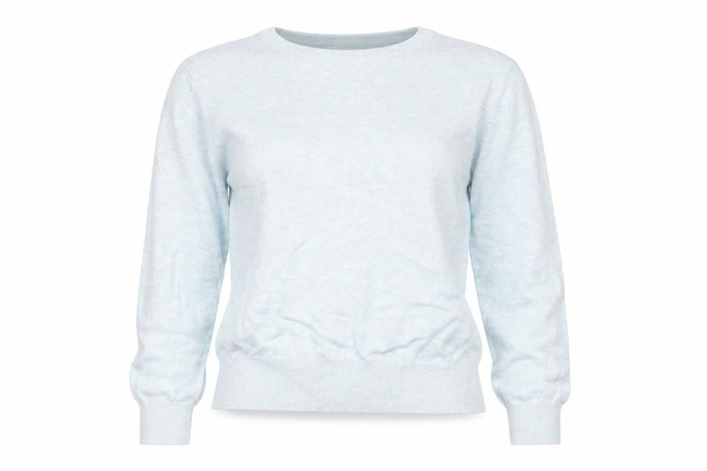 Front view of H&M women’s blue v-neck viscose jumper, size M