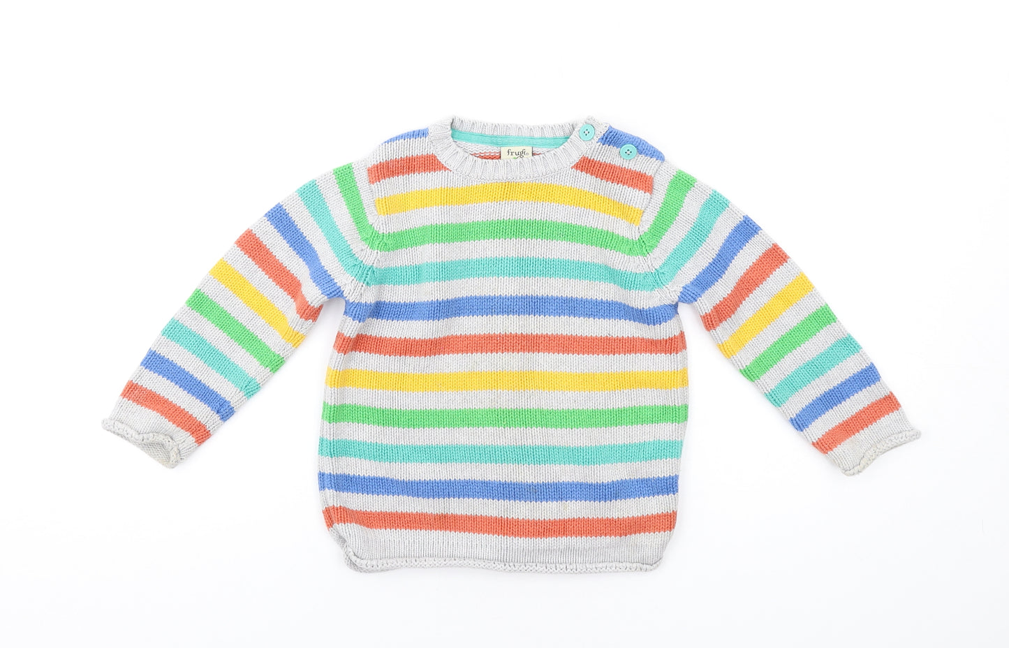 Frugi Boys Multicoloured Round Neck Striped Cotton Pullover Jumper Size 3-4 Years Button