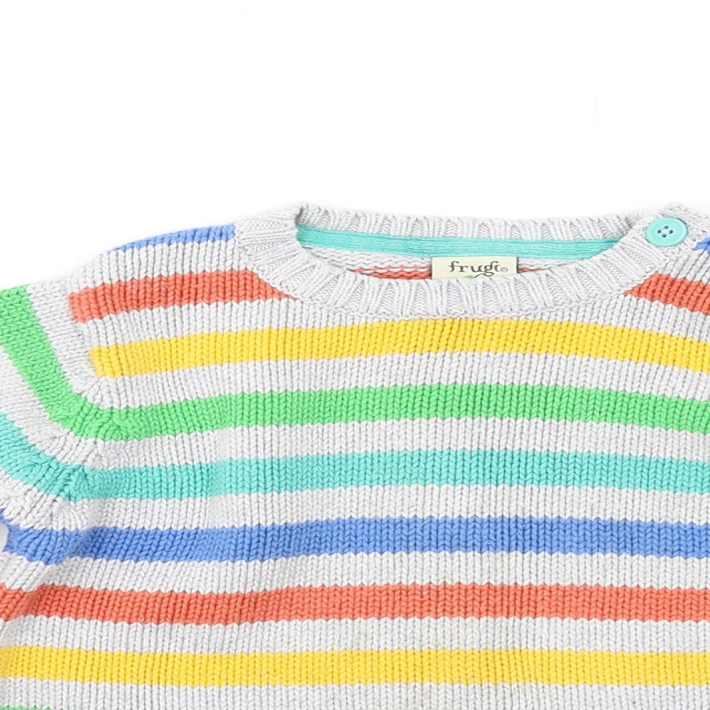 Frugi Boys Multicoloured Round Neck Striped Cotton Pullover Jumper Size 3-4 Years Button