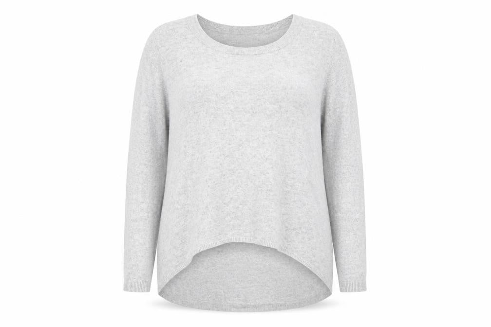 Front view of Phase Eight women’s grey round neck acrylic jumper, size UK 16