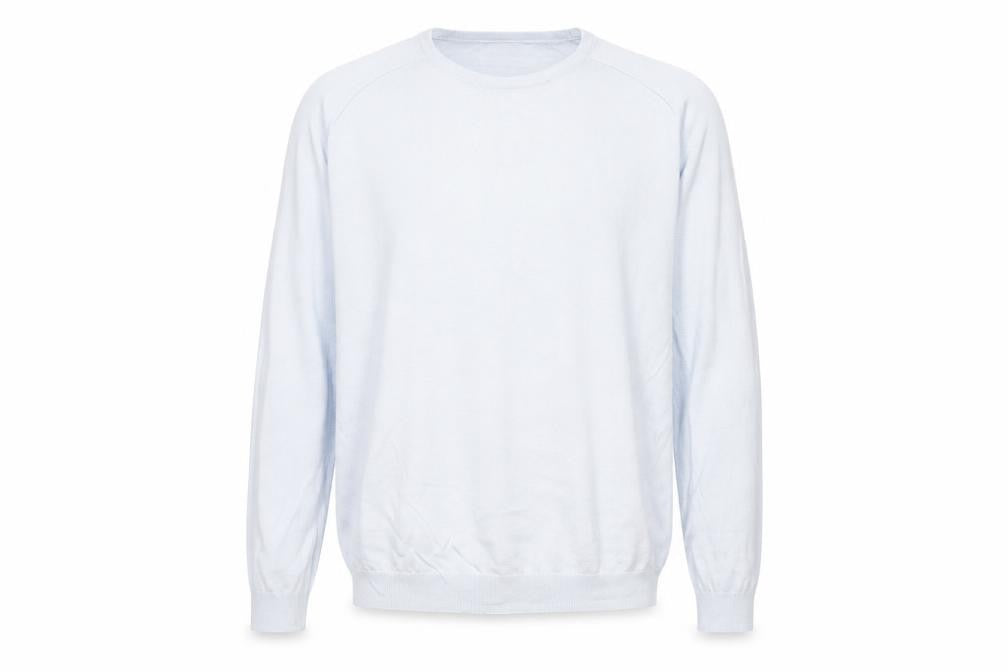 Front view of River Island men’s blue crew neck acrylic jumper, size XL, long sleeve
