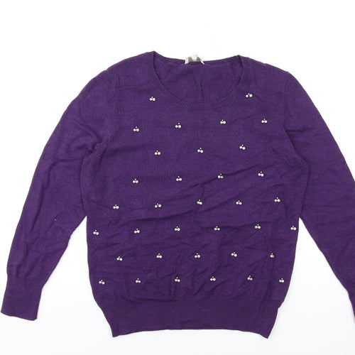 CC Womens Purple Round Neck Cotton Pullover Jumper Size L - Beaded