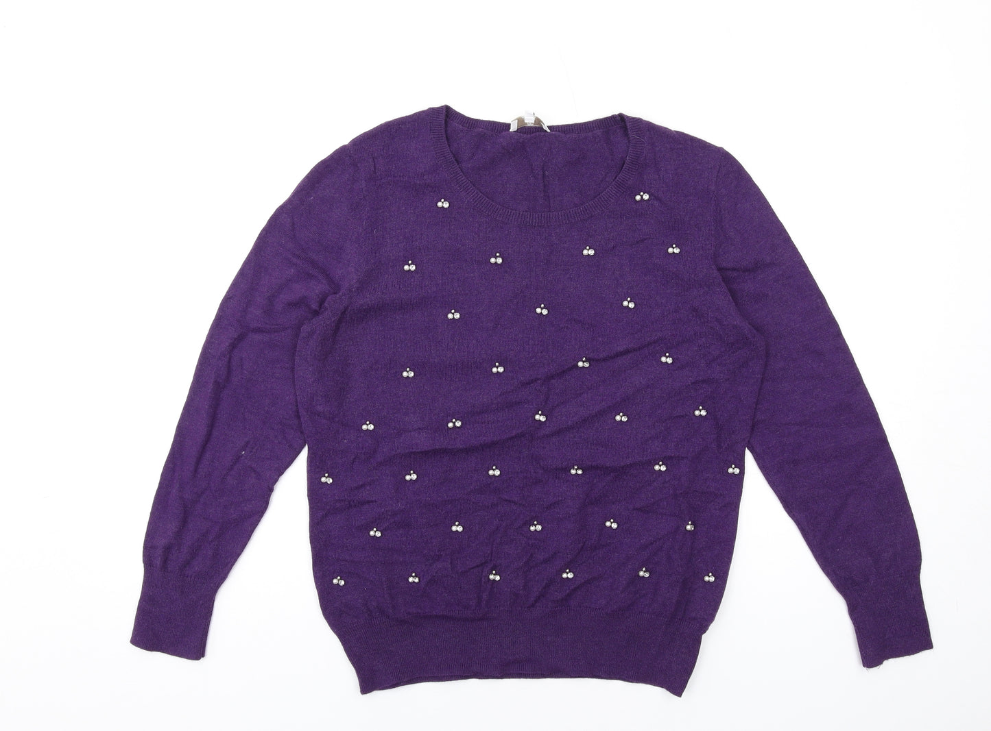 CC Womens Purple Round Neck Cotton Pullover Jumper Size L - Beaded