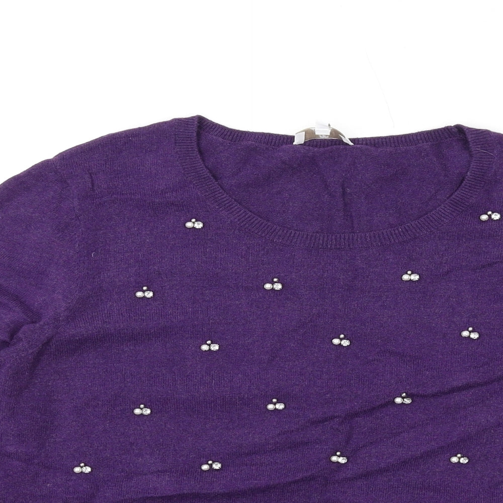 CC Womens Purple Round Neck Cotton Pullover Jumper Size L - Beaded
