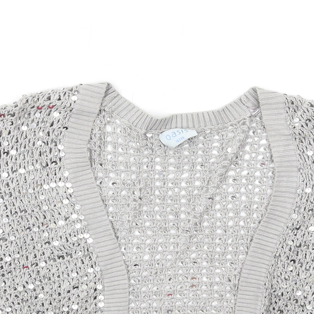 Oasis Womens Grey V-Neck Viscose Shrug Jumper Size 10 - Sequins