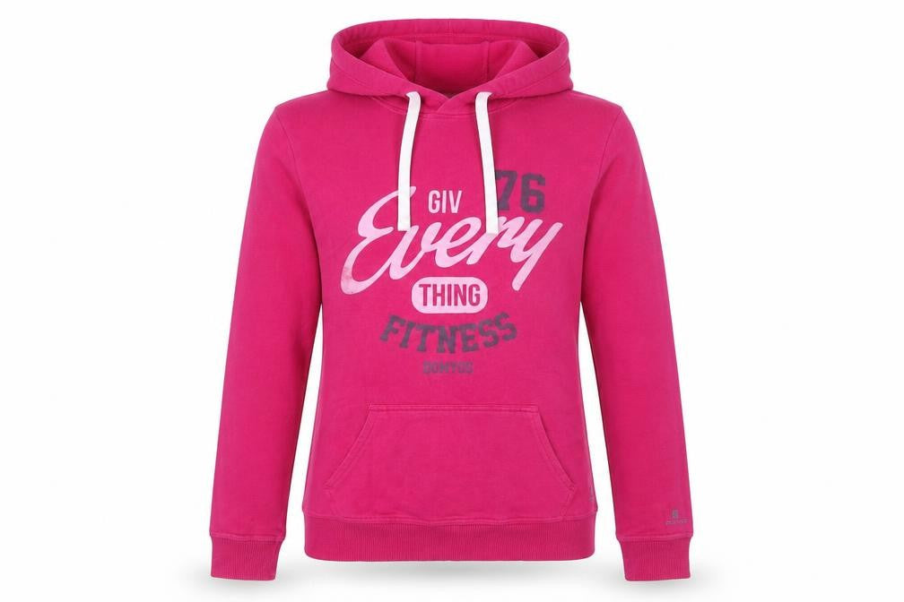 Front view of Decathlon women’s pink cotton pullover hoodie, size M, pullover