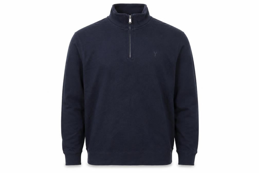 Front view of Douglas Howard men’s blue cotton pullover sweatshirt, size M