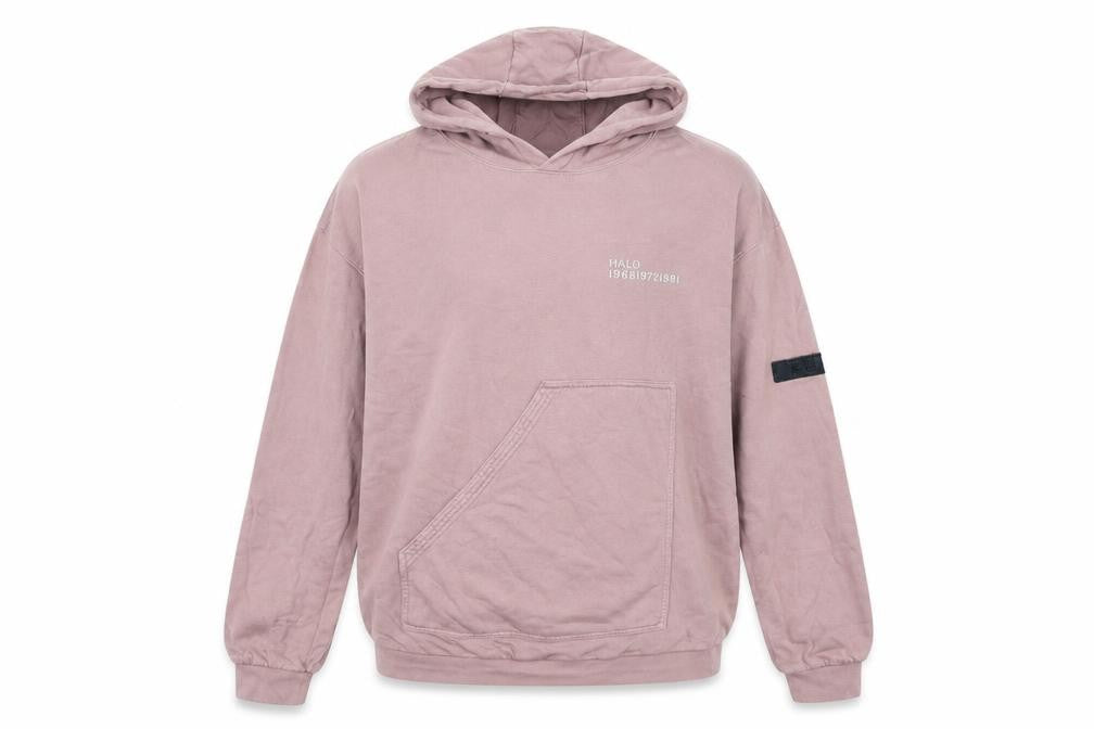 Front view of Halo men’s pink cotton pullover hoodie, size M
