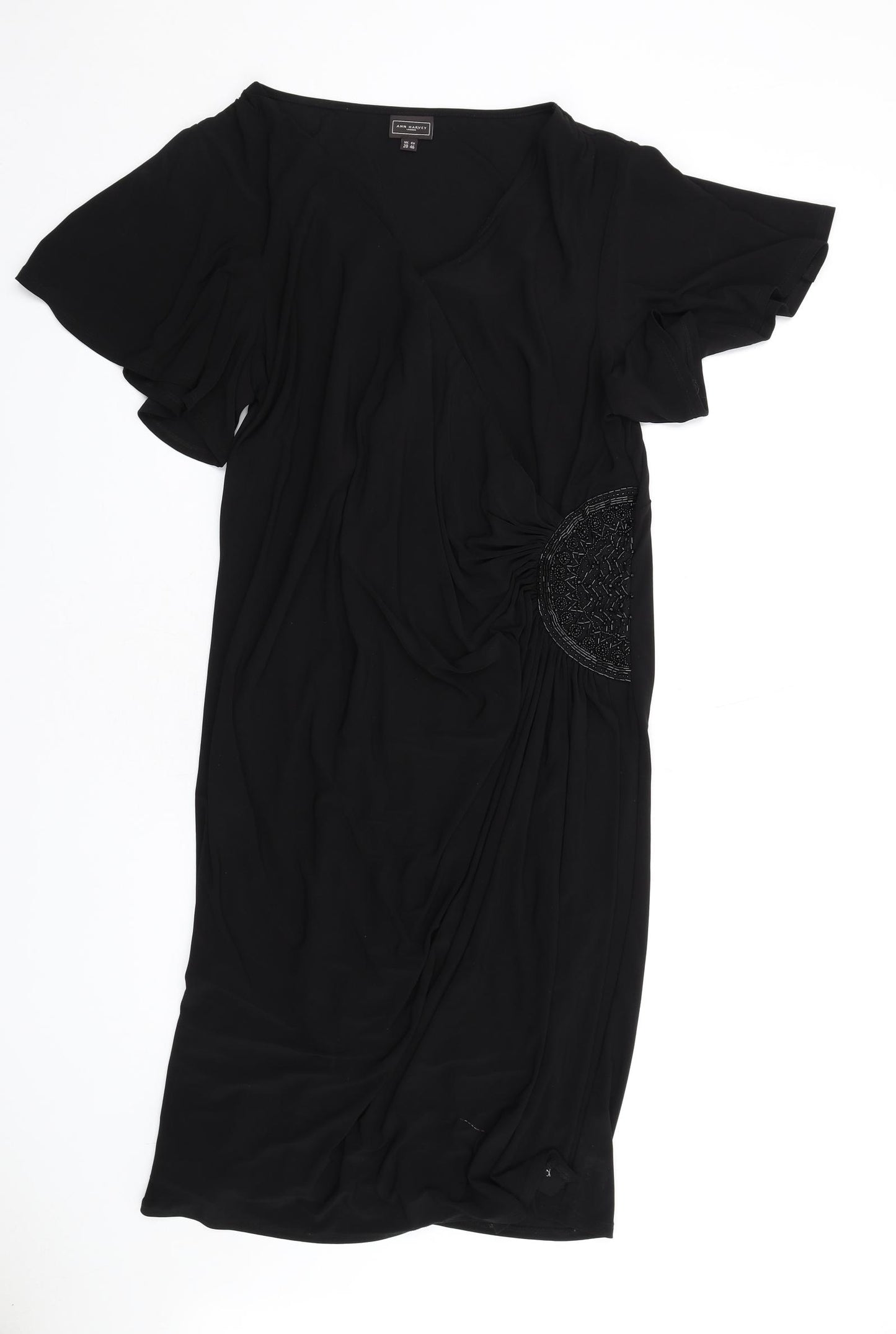 Ann Harvey Womens Black Polyester A-Line Size 20 V-Neck Pullover - Beaded