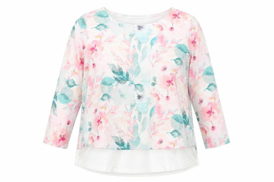 Front view of Just Elegance women’s multicoloured floral polyester basic t-shirt, size UK 16, round neck
