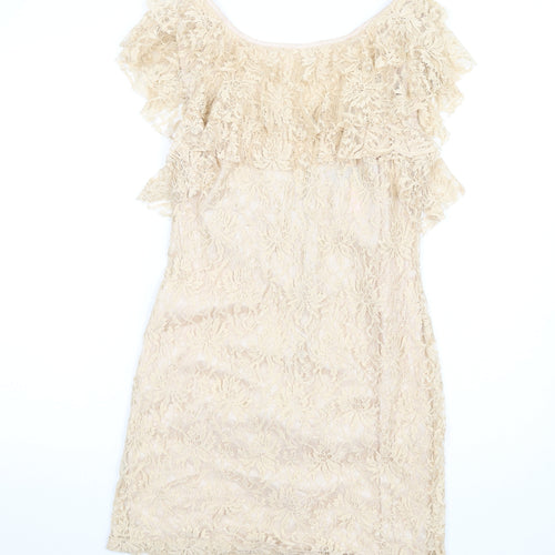 Lipsy Womens Beige Polyamide A-Line Size 10 Round Neck Zip