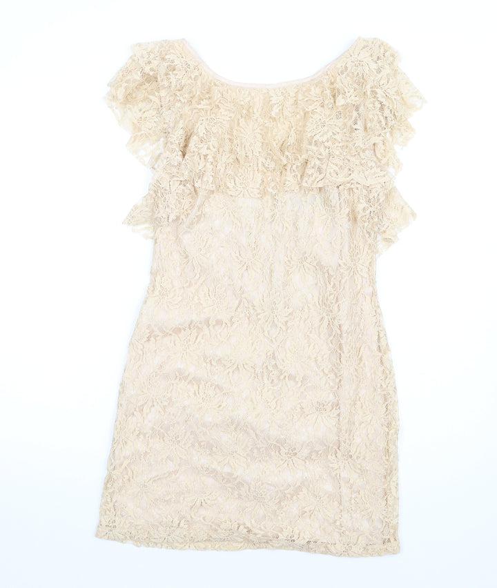 Lipsy Womens Beige Polyamide A-Line Size 10 Round Neck Zip