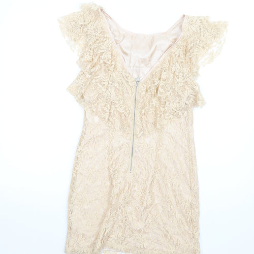 Lipsy Womens Beige Polyamide A-Line Size 10 Round Neck Zip