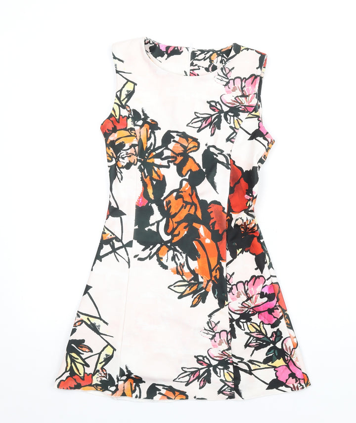 Mango Womens Multicoloured Floral Polyester A-Line Size S Round Neck Zip