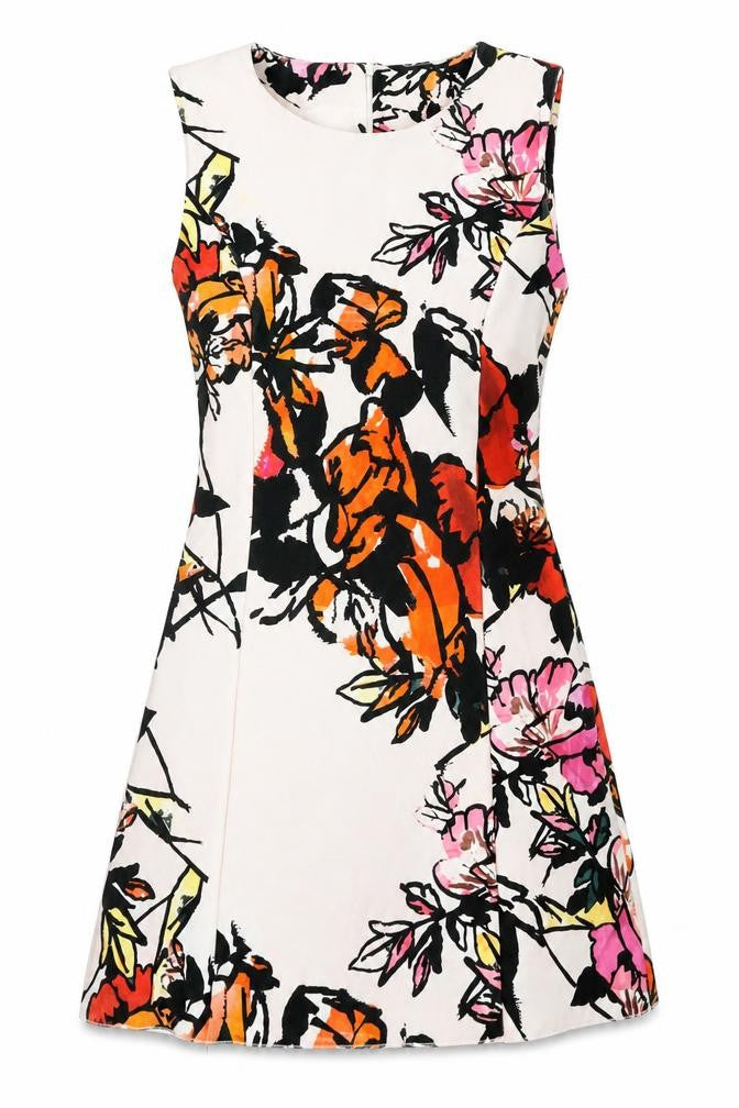 Front view of Mango women’s multicoloured floral polyester a-line, size S, round neck zip
