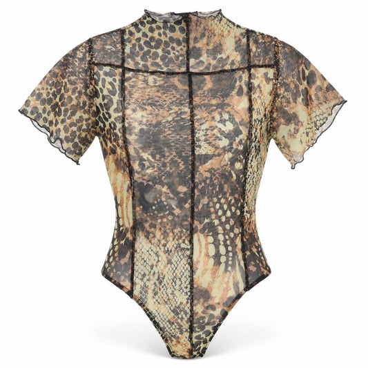 Front view of PRETTYLITTLETHING women’s multicoloured geometric polyester bodysuit one-piece, size UK 8, snap