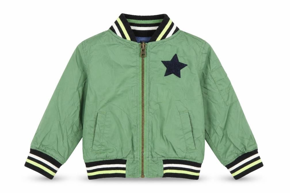 Front view of Mini Club boys’ green bomber jacket jacket, size 2-3, years zip