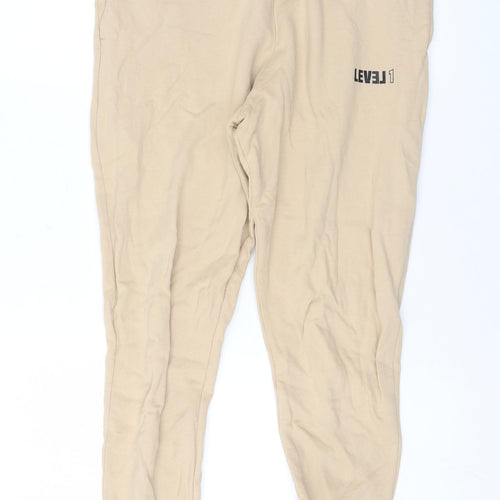 Level1 Mens Beige Cotton Jogger Trousers Size S L27 in Regular Drawstring