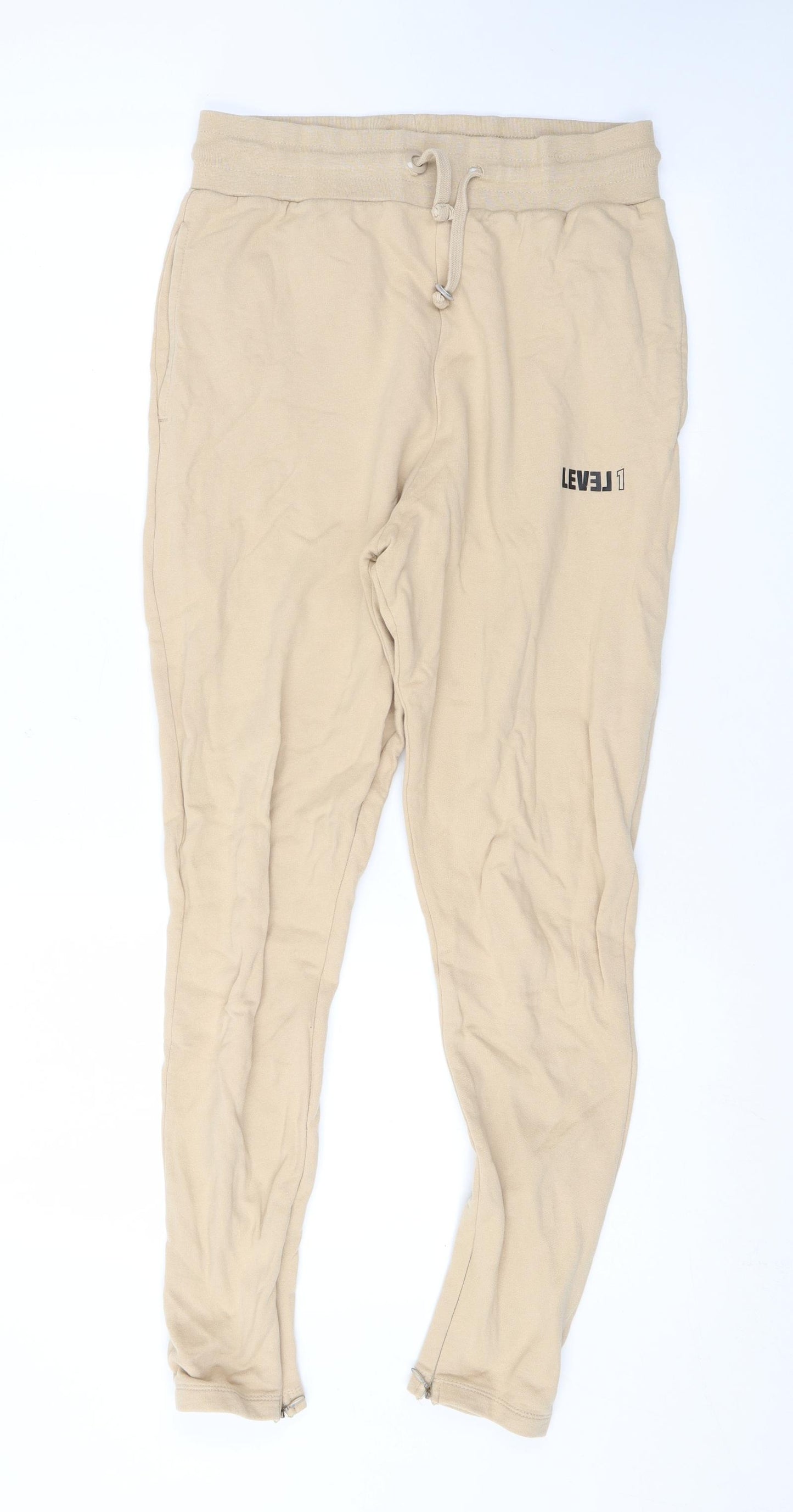 Level1 Mens Beige Cotton Jogger Trousers Size S L27 in Regular Drawstring