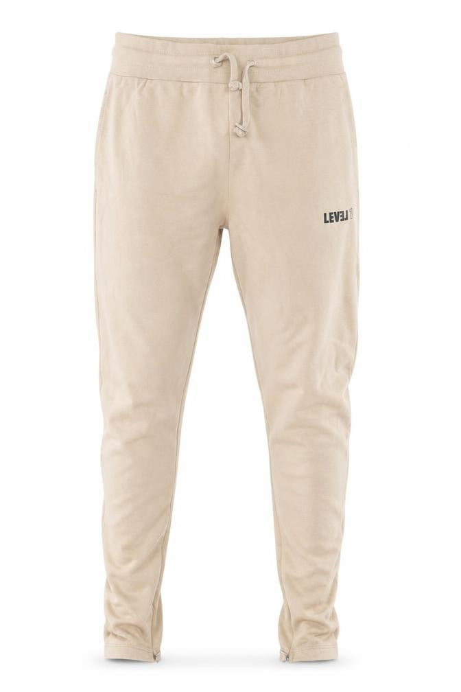 Front view of Level1 men’s beige cotton jogger trousers, size S, 27-inch leg regular drawstring