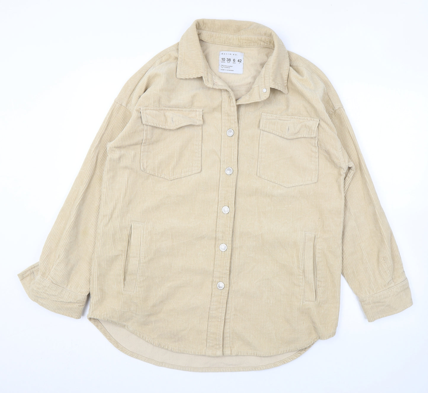 Denim & Co. Womens Beige Cotton Basic Button-Up Size 10 Collared