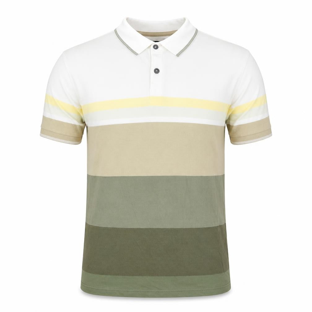 Front view of A.S.H men’s multicoloured spotted cotton polo, size M, collared button