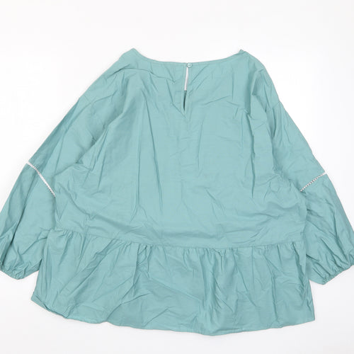 Marks and Spencer Womens Green Cotton Basic Blouse Size 16 Crew Neck - Pleated, Embroidered