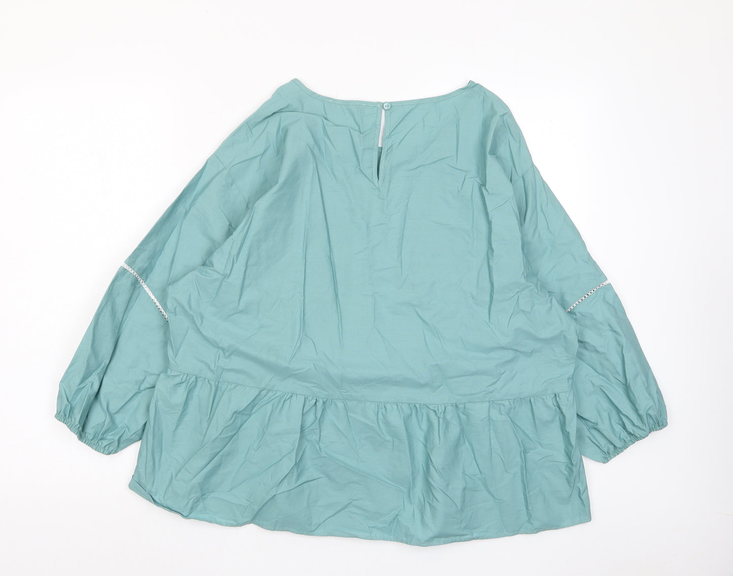 Marks and Spencer Womens Green Cotton Basic Blouse Size 16 Crew Neck - Pleated, Embroidered