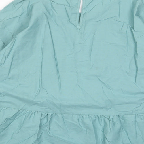 Marks and Spencer Womens Green Cotton Basic Blouse Size 16 Crew Neck - Pleated, Embroidered