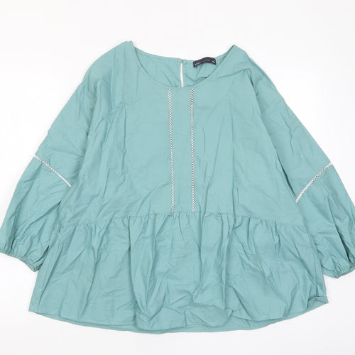 Marks and Spencer Womens Green Cotton Basic Blouse Size 16 Crew Neck - Pleated, Embroidered