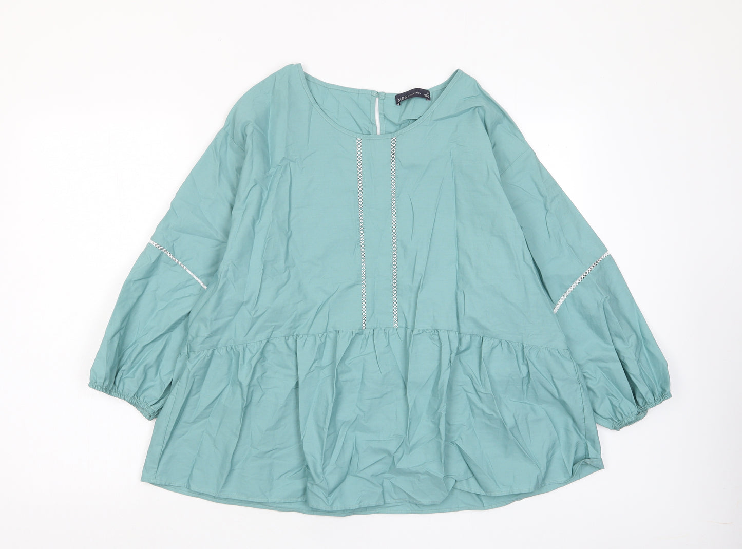 Marks and Spencer Womens Green Cotton Basic Blouse Size 16 Crew Neck - Pleated, Embroidered