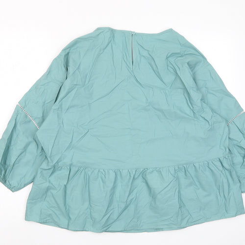 Marks and Spencer Womens Green Cotton Basic Blouse Size 16 Crew Neck - Pleated, Embroidered