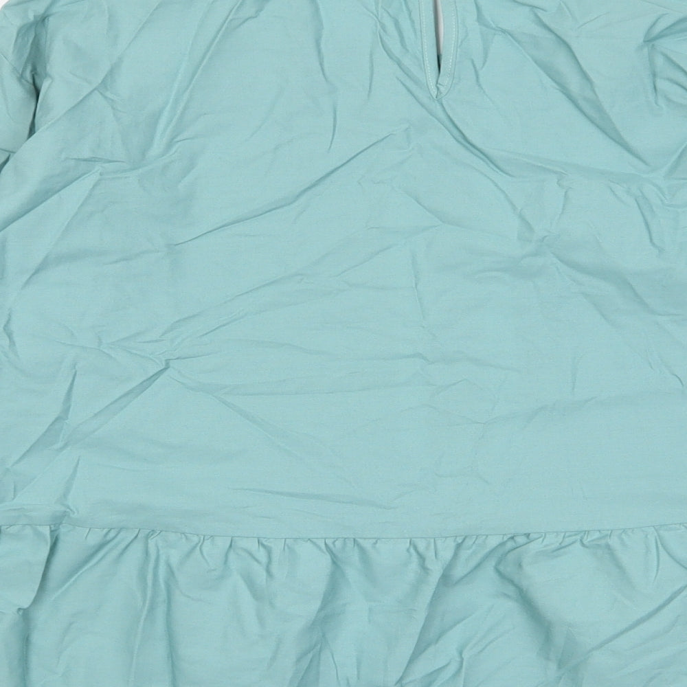 Marks and Spencer Womens Green Cotton Basic Blouse Size 16 Crew Neck - Pleated, Embroidered