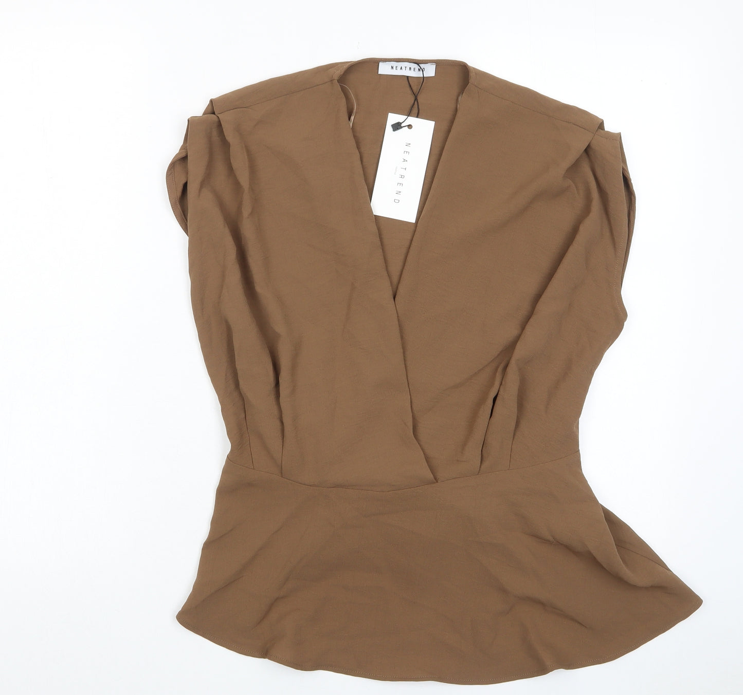 Neatrend Womens Brown Polyester Basic Blouse Size S V-Neck - Pleated, Belted