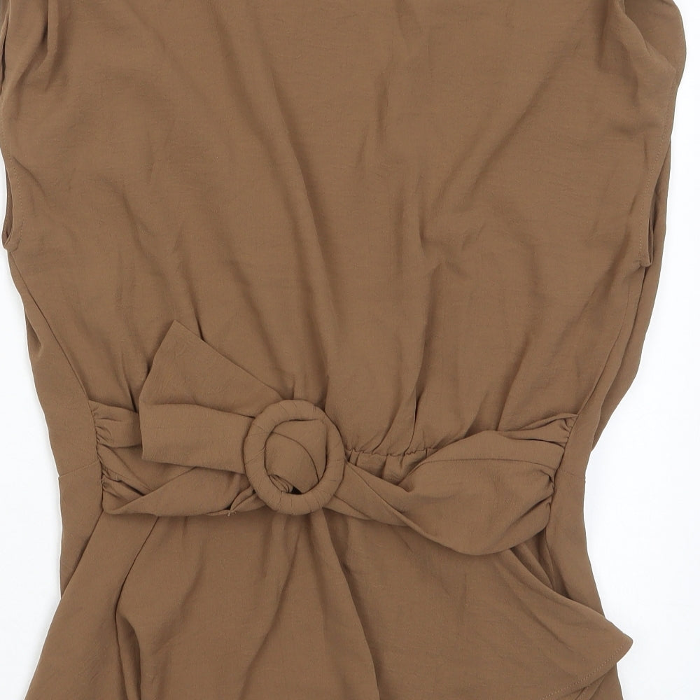 Neatrend Womens Brown Polyester Basic Blouse Size S V-Neck - Pleated, Belted