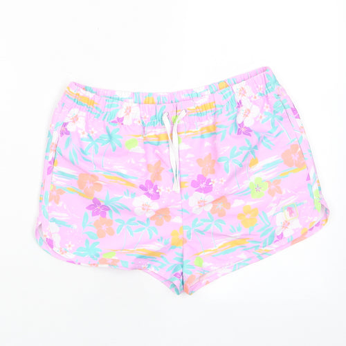 Marks and Spencer Girls Purple Floral Polyester Sweat Shorts Size 11-12 Years Regular Drawstring - Swim shorts