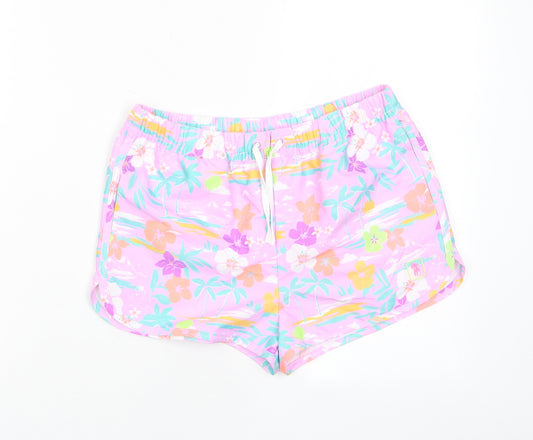 Marks and Spencer Girls Purple Floral Polyester Sweat Shorts Size 11-12 Years Regular Drawstring - Swim shorts