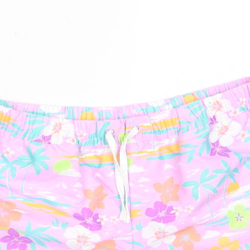 Marks and Spencer Girls Purple Floral Polyester Sweat Shorts Size 11-12 Years Regular Drawstring - Swim shorts