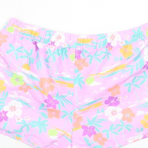 Marks and Spencer Girls Purple Floral Polyester Sweat Shorts Size 11-12 Years Regular Drawstring - Swim shorts