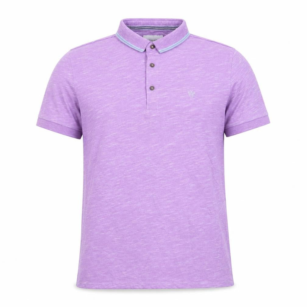 Front view of Devred men’s purple polyester polo, size M, collared button - logo, embroidered