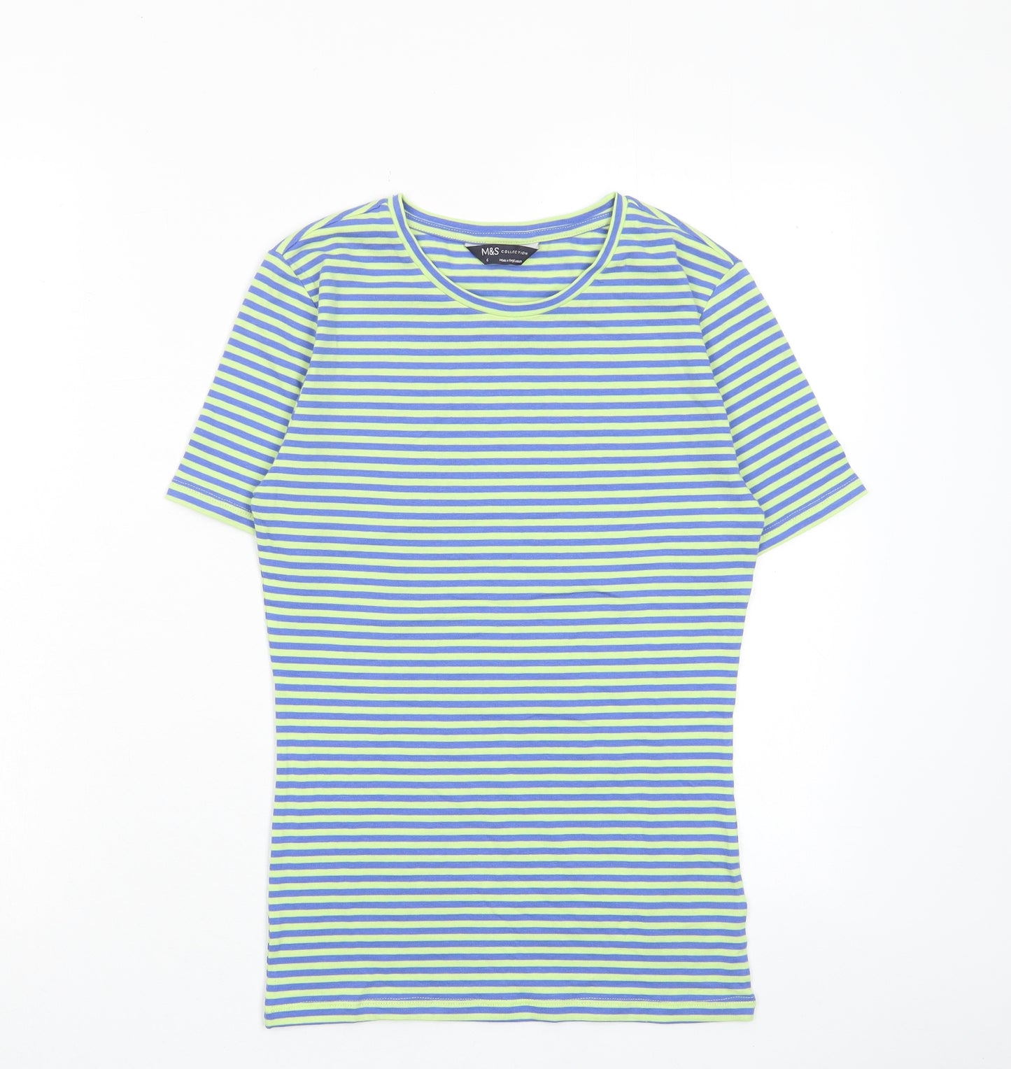 Marks and Spencer Womens Green Striped Cotton Basic T-Shirt Size 6 Collared