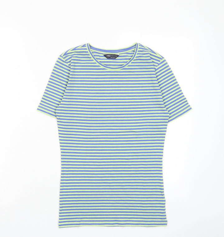 Marks and Spencer Womens Green Striped Cotton Basic T-Shirt Size 6 Collared