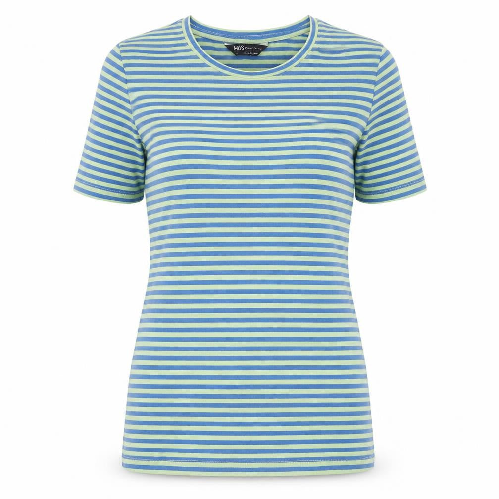 Front view of Marks & Spencer women’s green striped cotton basic t-shirt, size UK 6, collared