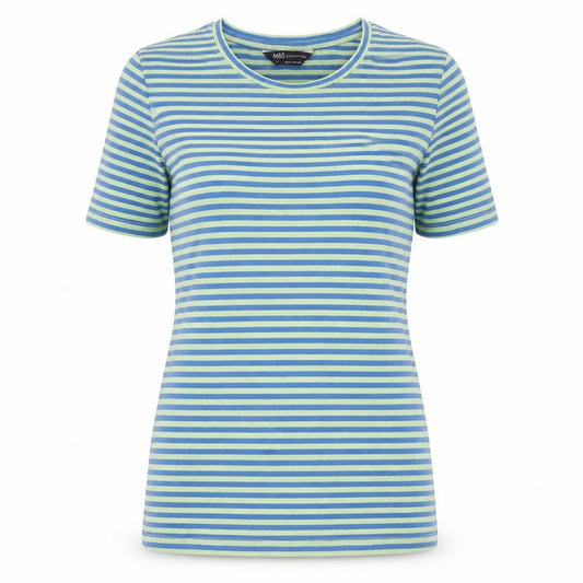 Front view of Marks & Spencer women’s green striped cotton basic t-shirt, size UK 6, collared