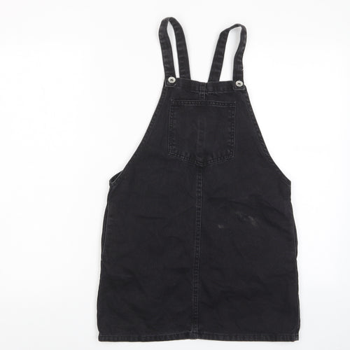 New Look Girls Black Cotton Pinafore/Dungaree Dress Size 12 Years Square Neck Button - Pocket
