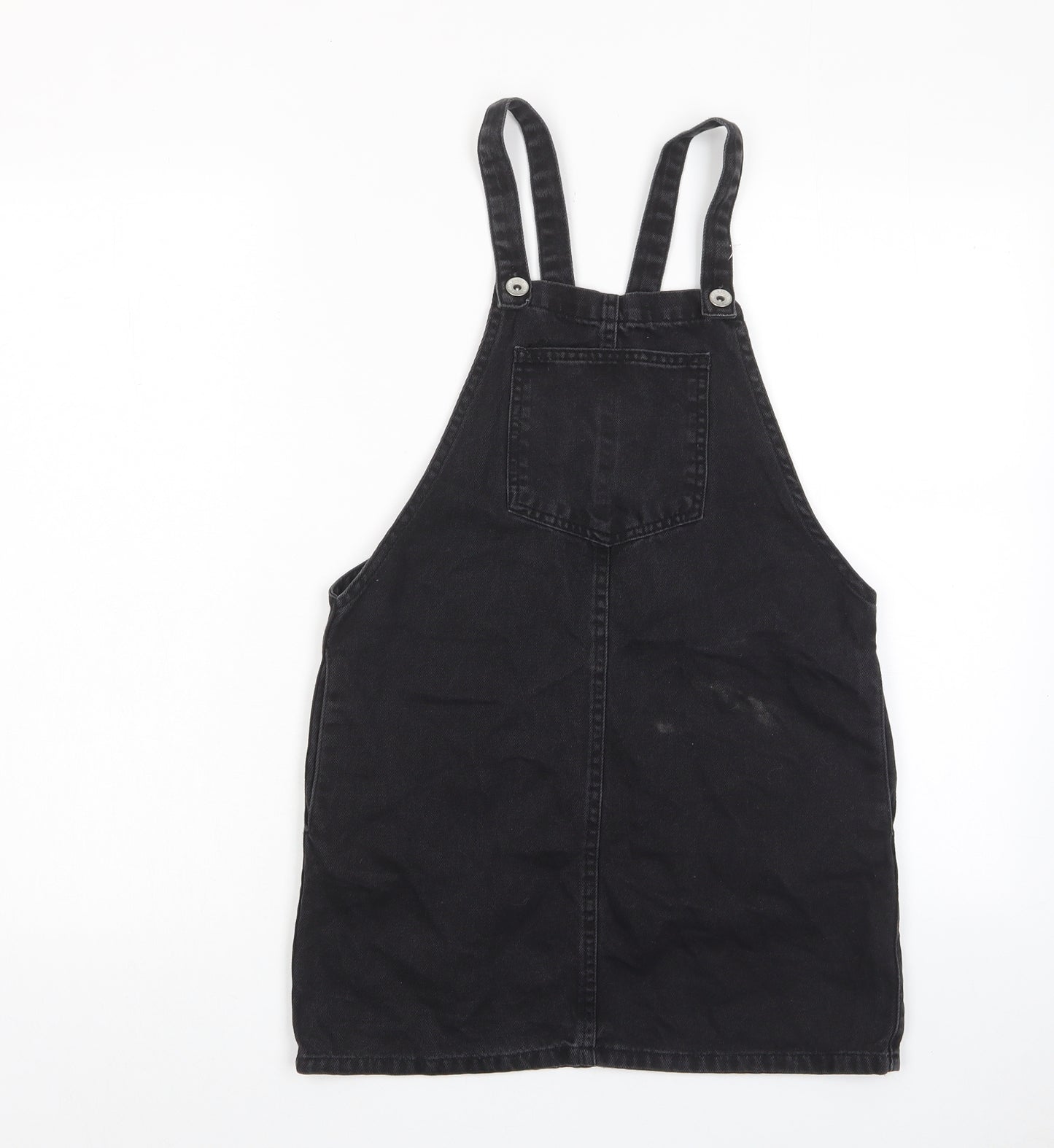 New Look Girls Black Cotton Pinafore/Dungaree Dress Size 12 Years Square Neck Button - Pocket