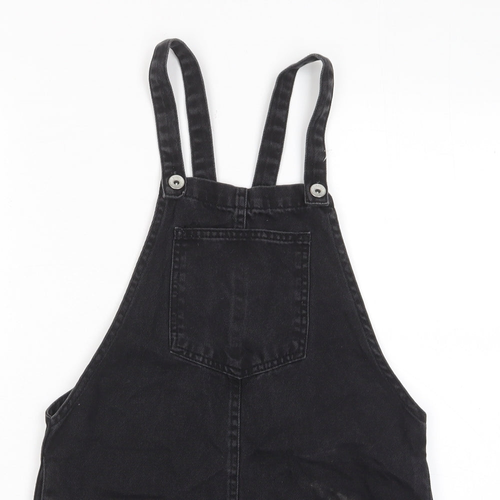 New Look Girls Black Cotton Pinafore/Dungaree Dress Size 12 Years Square Neck Button - Pocket