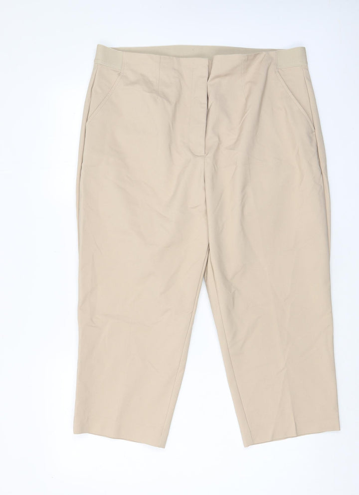 Marks and Spencer Womens Beige Cotton Trousers Size 20 L21 in Regular Hook & Eye - Pockets, Elastic waist